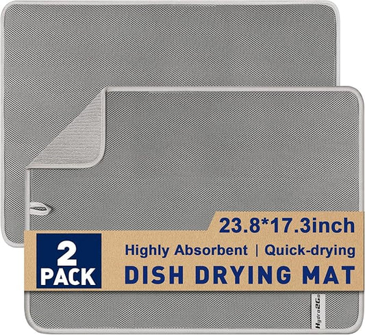 Large Dish Drying Mat 2 Pack, 23.8" x 17.3" Microfiber Ultra Absorbent Quick-Dry Dish Drying Mats for Kitchen Counter, Dish Rack Mat & Drying Pad for Countertops & Sinks, Machine Washable, Gray