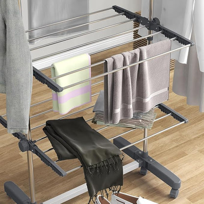 HOMCOM Folding Clothes Airer in Stainless Steel and Plastic, Space-Saving Vertical Drying Rack with 6 Wheels, Hooks and 4 Adjustable Shelves for Indoors, 142 x 55 x 172 cm, Silver Grey