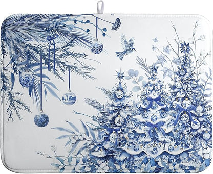 Christmas Tree Dish Drying Mat for Kitchen Counter 18x24 Inch Blue White Chinoiserie Winter Xmas Holiday Drying Mats Microfiber Absorbent Dish Draining Reusable Dish Drainer Pad