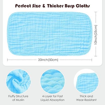 Muslin Burp Cloths 100% Cotton Large 20''x10'' Extra Soft and Absorbent Baby Wash Cloths Spit Up Rags - Baby Burping Cloth for Boys Girls Items(12 Pack Aquamarine)