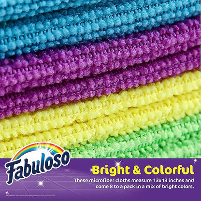 Fabuloso Microfiber Cleaning Cloths for Home & Car, Lint-Free Scratch-Free Rags for Glass, Kitchen & Wood, Reusable Machine Washable, Absorbent for Dusting & Wiping, Rainbow, 13 x 13 in, 8 Count