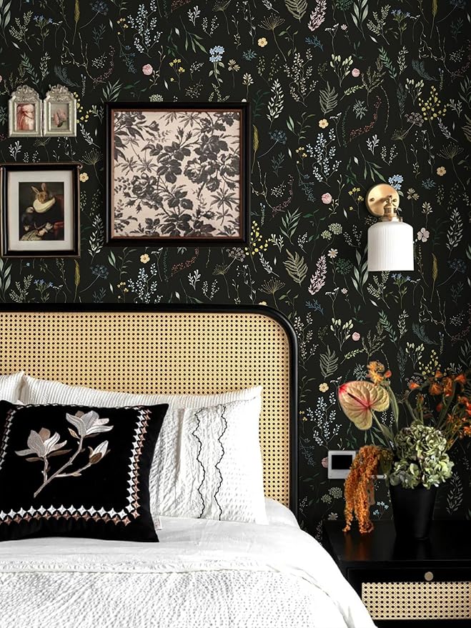 Dimoon 78.7"x16.1" Floral Peel and Stick Wallpaper Black Contact Paper Thicken Wallpaper Delicate Flower Waterproof Green Leaf White Self Adhesive Removable Wall Paper Shelf Liner Decal Vinyl Roll