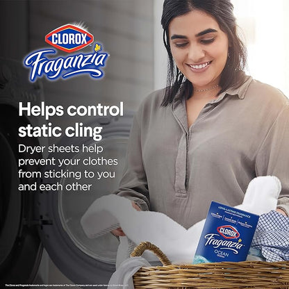 Clorox Fraganzia Fabric Softener Dryer Sheets, Wrinkle Reducing and Anti Static Laundry Dryer Sheets for Great Smelling Clothes, Softens Fabrics, Fresh Ocean Scent, 105 Count