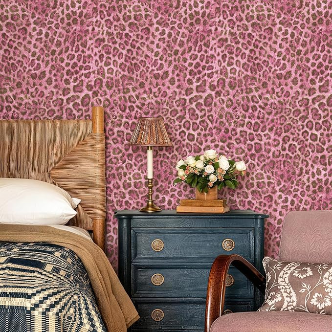 JiffDiff Upgrade Leopard Print Peel and Stick Wallpaper, 17.3" x 1200" Waterproof Removable Self Adhesive Wallpaper, Pink Unique Funky Cheetah Contact Paper for Bedroom, Bathroom, Decor