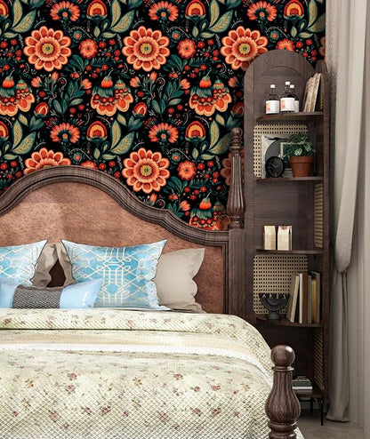 Fvlow Boho Floral Wallpaper Peel and Stick Dark Red Large Flower Contact Wall Paper Waterproof Self-Adhesive Wall Covering for Bedroom Countertop Desk Cabinets Decor Renter Friendly 17.4" x 118"