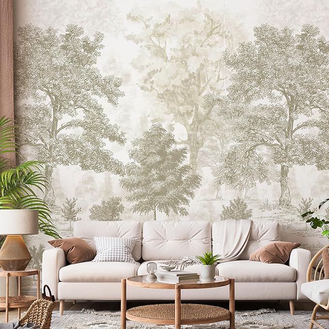 Zeeko Vintage Forest Wall Murals Peel and Stick 148" W x 98" H Beige Tree Wallpaper Self-Adhesive Large Nature Landscapes Murals Canvas Wall Decor for Bedroom Bathroom