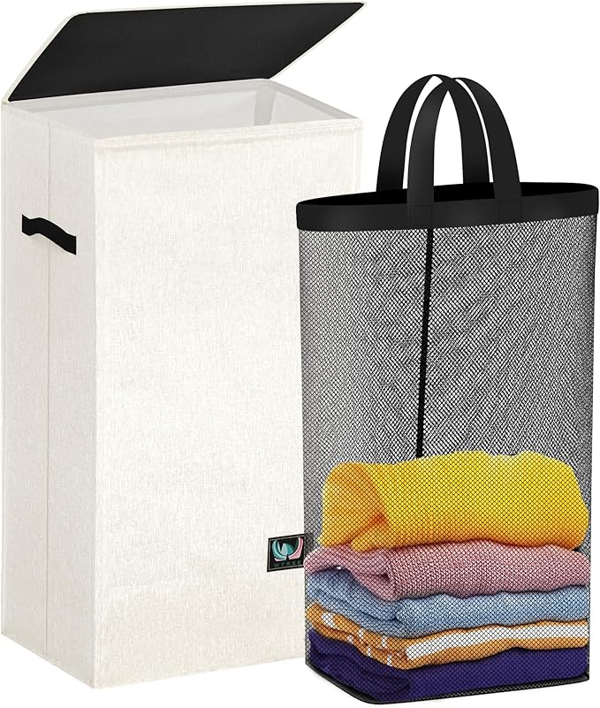Laundry Hamper with Lid, Reinforced Sturdy Clothes Hamper with Anti-Puncture Base, Large Collapsible Laundry Basket with Removable Liner Bag, Tall Dirty Clothes Bin for Family, 100L Cream
