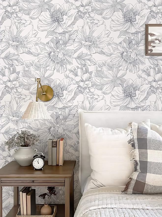 Ismoon Vintage Floral Wallpaper Peel and Stick Boho Beige and Gray Contact Paper 17.3inx6.5ft Removable Self Adhesive Wall Paper for Bathroom Bedroom Cabinet Mural Wall Decor Vinyl Renter Friendly