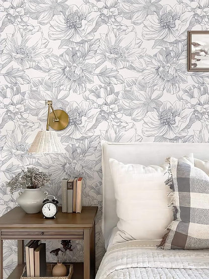 Ismoon Vintage Floral Wallpaper Peel and Stick Boho Beige and Gray Contact Paper 17.3inx6.5ft Removable Self Adhesive Wall Paper for Bathroom Bedroom Cabinet Mural Wall Decor Vinyl Renter Friendly