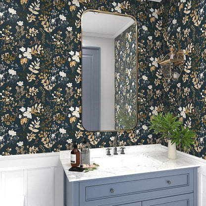 Laatse Navy Floral Wallpaper Peel and Stick Boho Wallpaper Vintage Blue/Gold Leaf Contact Paper Waterproof Self Adhesive Modern Wall Paper for Cabinet Walls Kitchen 17.5in x393in