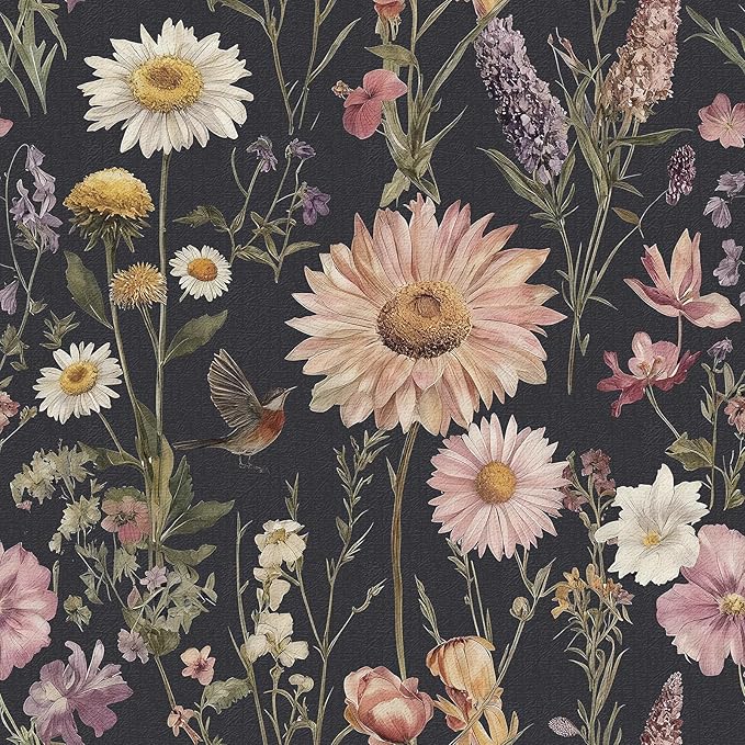 Livebor Dark Floral Peel and Stick Wallpaper Vintage Floral Contact Paper 16.9” x 196.8” Bird Flower Wallpaper Peel and Stick Boho Flower Self Adhesive Removable Wall Paper Decor for Cabinets Vinyl