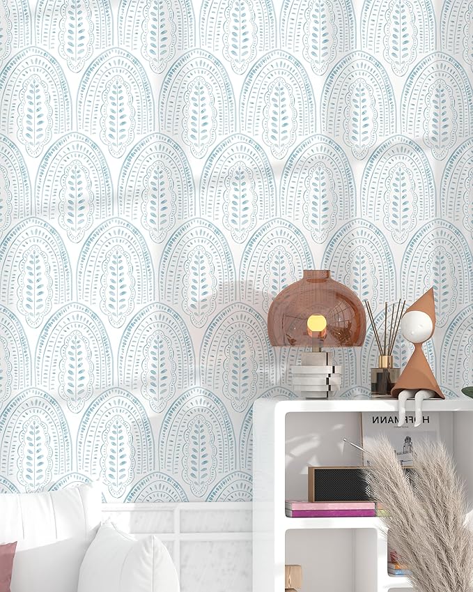 Modern Peel and Stick Wallpaper Boho Contact Paper 17.3''×78.8'' Self Adhesive Removable Wallpaper Peel and Stick Wall Paper Blue and White Wallpapers for Bedroom Bathroom Cabinets Decor Vinyl