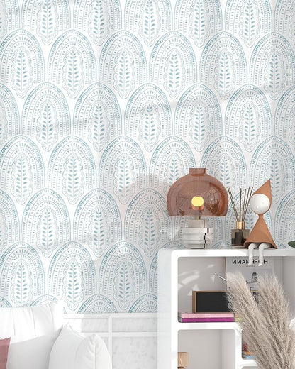 Modern Peel and Stick Wallpaper Boho Contact Paper 17.3''×78.8'' Self Adhesive Removable Wallpaper Peel and Stick Wall Paper Blue and White Wallpapers for Bedroom Bathroom Cabinets Decor Vinyl
