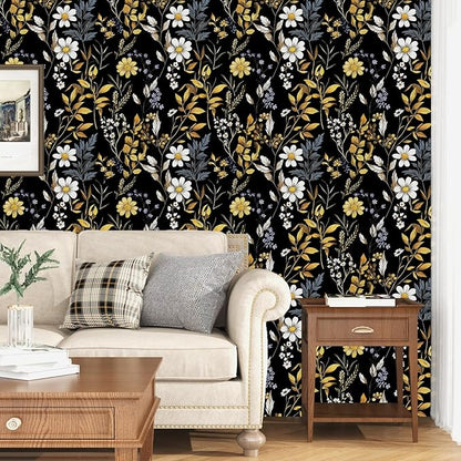 Drak Floral Wallpaper Peel and Stick Vintage Black Golden Wallpaper Vinyl Waterproof Self-Adhesive Removable Boho White Botanical Wall Paper Modern for Bedroom Walls Drawer Cabinet 17.5in x118in