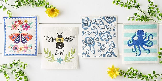 DII Swedish Dishcloths for Kitchen & Cleaning, Reusable, Machine Washable & Dishwasher Safe, Biodegradable, 7.75 x 6.75, Butterfly Folk, 3 Piece