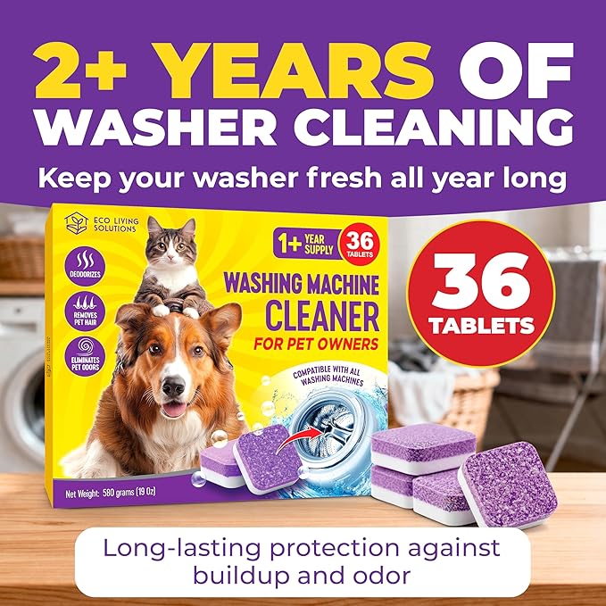 Washing Machine Cleaner Tablets for Pet Owners, 36 Pack, Front&Top Load Washer Deep Cleaning, HE & Septic Tank Safe, Remove Pet Hair, Eliminates Smells, Prevents Dander Build-up