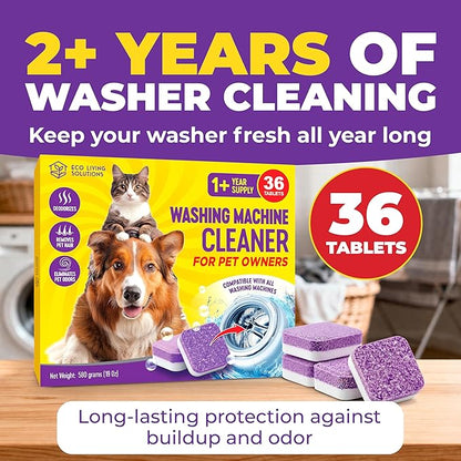 Washing Machine Cleaner Tablets for Pet Owners, 36 Pack, Front&Top Load Washer Deep Cleaning, HE & Septic Tank Safe, Remove Pet Hair, Eliminates Smells, Prevents Dander Build-up