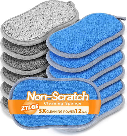 Multi-Purpose Scrub Kitchen Sponges – 12 Pack Dish Sponge, Dual-Sided Non-Scratch Microfiber & Metal Scrubber, Reusable Sponges for Dishes, Pots, Glass, Sink, Stovetop & Bathroom (Blue+Sliver)