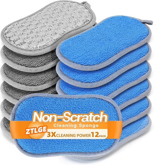 Multi-Purpose Scrub Kitchen Sponges – 12 Pack Dish Sponge, Dual-Sided Non-Scratch Microfiber & Metal Scrubber, Reusable Sponges for Dishes, Pots, Glass, Sink, Stovetop & Bathroom (Blue+Sliver)