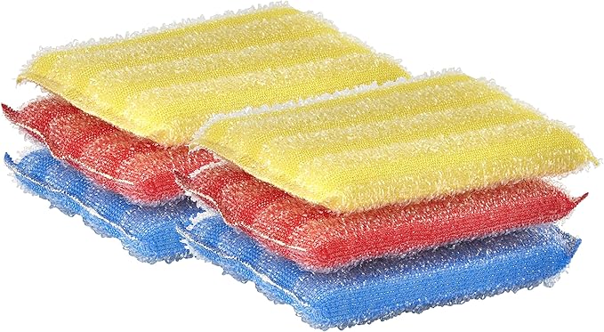 Nylon Kitchen Sponge Scrubber, Heavy Duty, Hand Friendly Scouring Sponge for Sink, Pot, Dish Washing Scrubber Non-Scratch, Kosher Sponge,6 Pack, Blue-Red/Pink-Yellow by Superio…