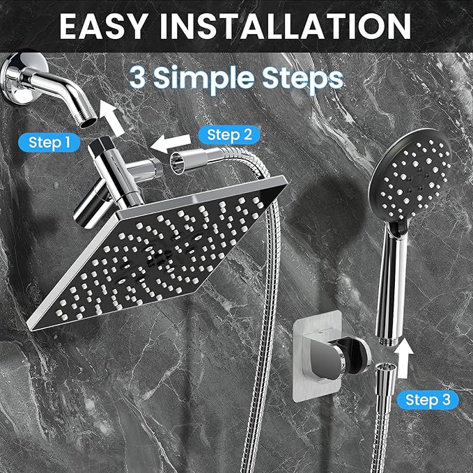 Veken High Pressure Rain Shower Head with Multi-Functions, Square Rainfall Shower Heads with 5-Mode Handheld Spray Combo, Detachable Hand Held Showerhead with Hose, Double Regaderas Para, Chrome