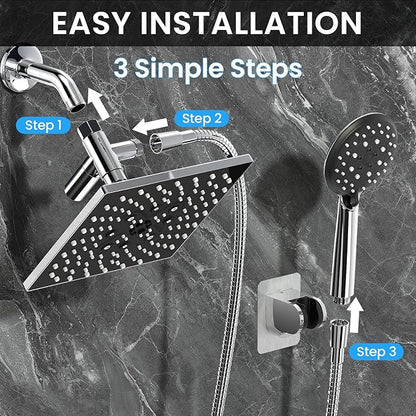Veken High Pressure Rain Shower Head with Multi-Functions, Square Rainfall Shower Heads with 5-Mode Handheld Spray Combo, Detachable Hand Held Showerhead with Hose, Double Regaderas Para, Chrome