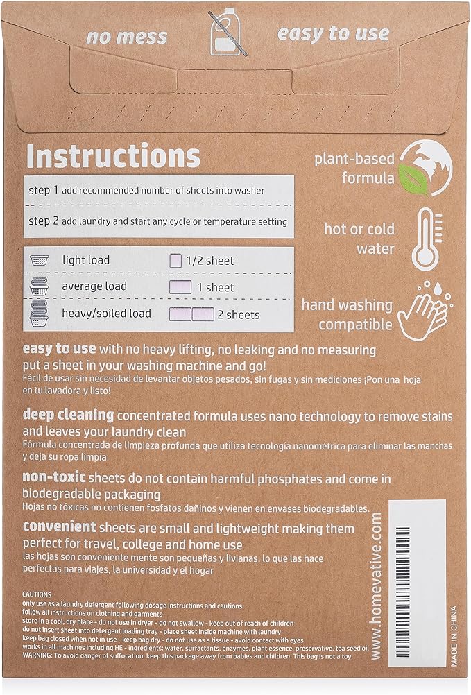Homevative Laundry Detergent Sheets, 30 Sheets, Up to 60 Loads, Easy Dissolve, Fresh & Clean, Eco package, HE Compatible, Septic friendly, Great for travel, college, laundromat and at home
