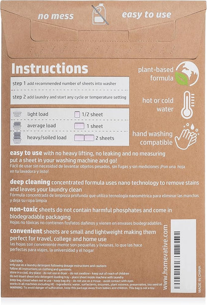 Homevative Laundry Detergent Sheets, 30 Sheets, Up to 60 Loads, Easy Dissolve, Fresh & Clean, Eco package, HE Compatible, Septic friendly, Great for travel, college, laundromat and at home