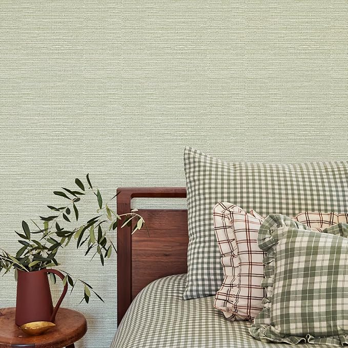 Simon&Siff Green Textured Grasscloth Peel and Stick Wallpaper 17.7"x118" Neutral Faux Grassweave Wallpaper Waterproof Self Adhesive Removable Wallpaper Mural for Home Decor Bedroom Kitchen Cabinet