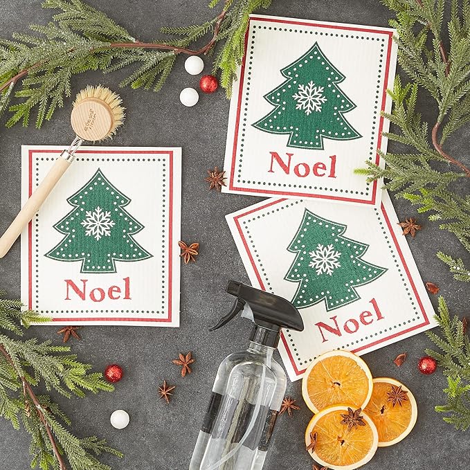 DII Swedish Dishcloths for Kitchen & Cleaning, Reusable, Machine Washable & Dishwasher Safe, Biodegradable, 7.75 x 6.75, Noel Tree, 3 Piece