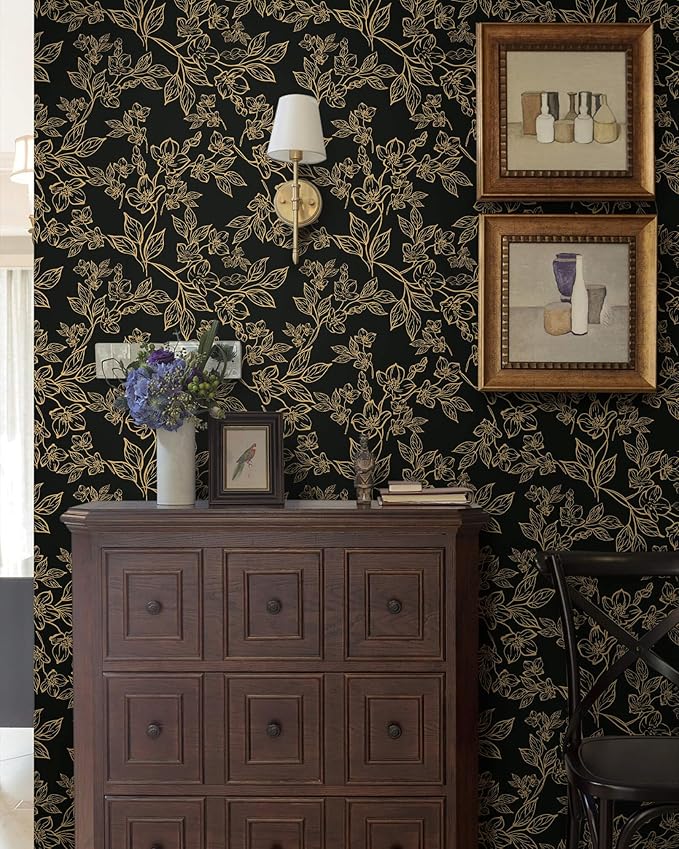 Ismoon Floral Peel and Stick Wallpaper Vintage Black and Gold Contact Paper Dark Stick on Wallaper Removable Self Adhesive Wall Paper for Cabinets Shelf Drawer Bedroom Vinyl Roll 17.3x196in