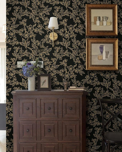 Ismoon Floral Peel and Stick Wallpaper Vintage Black and Gold Contact Paper Dark Stick on Wallaper Removable Self Adhesive Wall Paper for Cabinets Shelf Drawer Bedroom Vinyl Roll 17.3x196in