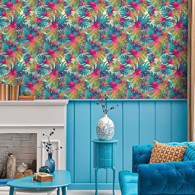 VaryPaper 17.7"x315" Tropical Peel and Stick Wallpaper Leaf Floral Wallpaper Waterproof Decorative Floral Contact Paper for Walls Removable Self Adhesive Wall Mural for Bedroom Bathroom Cabinets