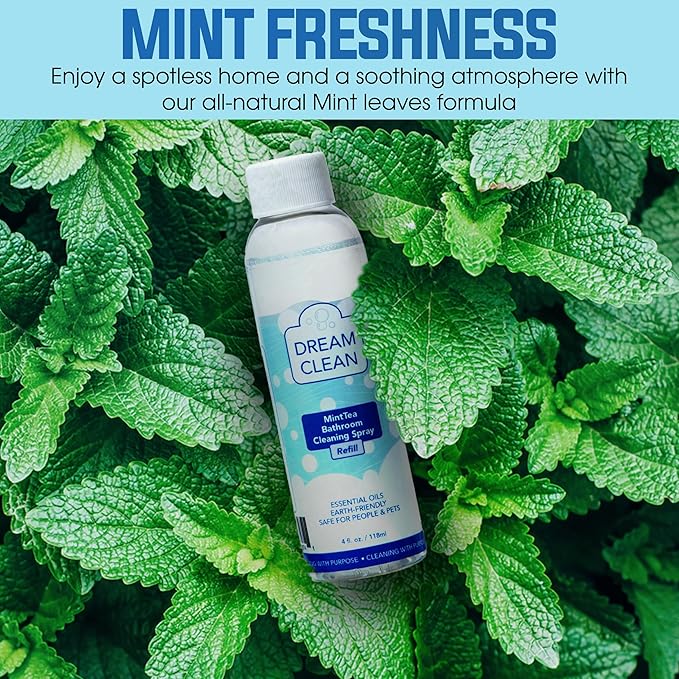 DREAM CLEAN MintTea Bathroom Cleaning Spray Refill - Biodegradable and Cruelty-Free Formula for Showers, Tubs, Sinks & More, Spearmint & Tea Tree Essential Oils, 4oz