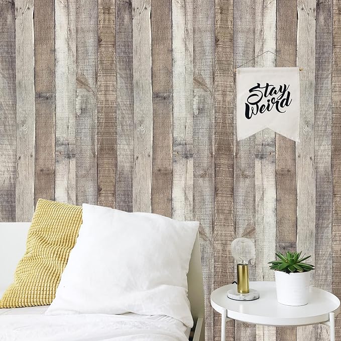 Yun-aeon Natural Wood-Grey Wood Contact Paper Peel and Stick Wallpaper 17.3"x 472"Self Adhesive Removable Vintage Faux Wood Wall Paper Plank Shelf Home Decoration Kitchen Counter Cover Use