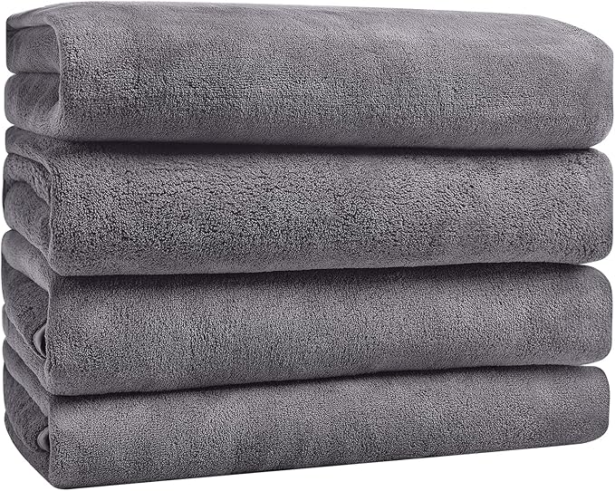 GraceAier Microfiber Bath Towels 4 Pack, 28x56 Inch Coral Velvet Quick Dry Towel Set, Highly Absorbent, Ultra Soft & Lint-Free for Bathroom, Gym, Travel and Swim-Grey