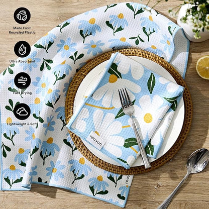 RECYCO Waffle Kitchen Towel Set of 2 - Quick Dry Microfiber Sustainable Dish Towels - Ultra Absorbent Reusable Cleaning Tea Towels - Lightweight Hand Towels,16”x 28”, Daisy Dreams
