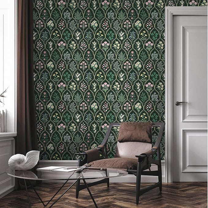 Dimoon 17.3''x78.7'' Peel and Stick Wallpaper Floral Contact Paper Vintage Wallpaper Green Pink Renter Friendly Waterproof Upgrade Embossed Self Adhesive Kitchen Bedroom Cabinet