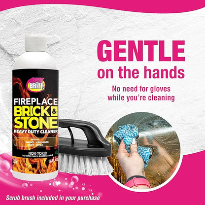 Quick N Brite Fireplace Gel Cleaner with Scrub Brush for Brick, Stone, Rock, Tile, and Marble, Nonabrasive Fireplace Cleaner, Made in the USA, 16 oz