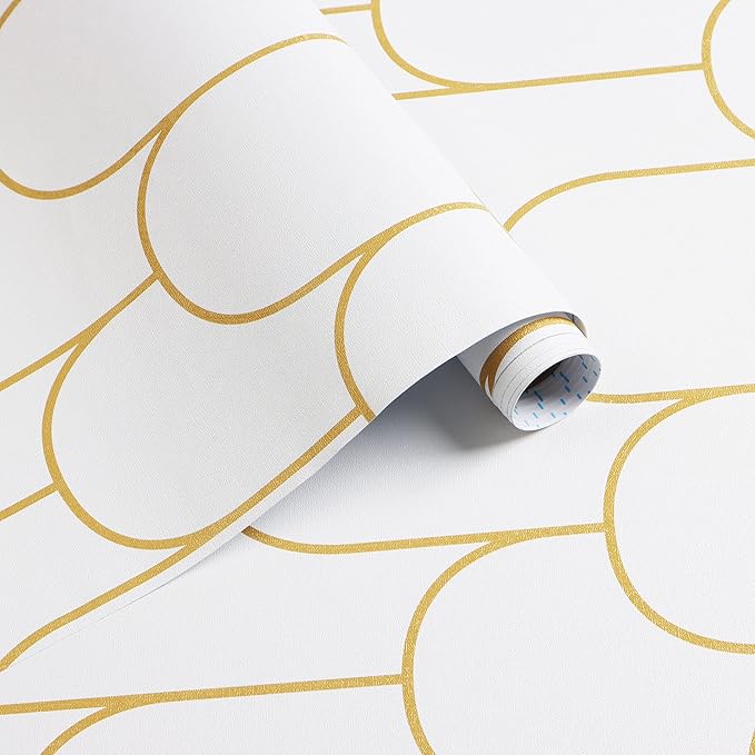 Yasinet Peel and Stick Wallpaper White and Gold Wallpaper Modern Geometric Contact Paper White/Gold Stripe Self Adhesive Wall Paper Decorative for Wall Bedroom 17.3''x393.7''