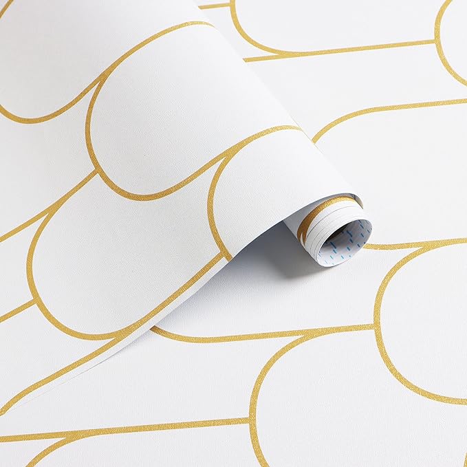 Yasinet Peel and Stick Wallpaper White and Gold Wallpaper Geometric Contact Paper Modern Stripe White Gold Removable Self Adhesive Wall Paper Decorative Wall Bedroom Vinyl Film 17.3''x118''