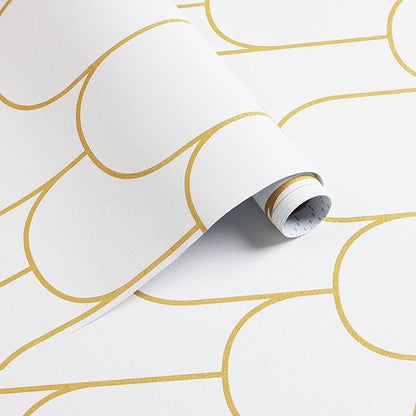 Yasinet Peel and Stick Wallpaper White and Gold Wallpaper Geometric Contact Paper Modern Stripe White Gold Removable Self Adhesive Wall Paper Decorative Wall Bedroom Vinyl Film 17.3''x118''