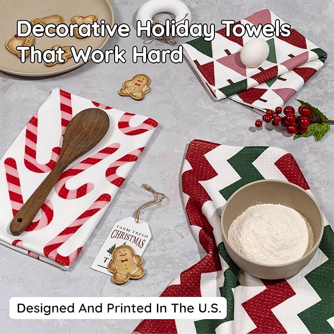 Christmas Kitchen Towels Set of 3 Candy Lane – Microfiber Waffle Weave Dish Towels 16x24, Super Absorbent & Lint-Free Holiday Kitchen Towels for Drying, Cleaning & Christmas Décor