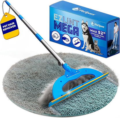 PetLovers EzLint Mega 52" Carpet Rake & Pet Hair Removal Tool – Dog & Cat Hair Remover Broom with Adjustable Handle & Extra Wide Head for Carpets, Rugs & Stairs, Blue
