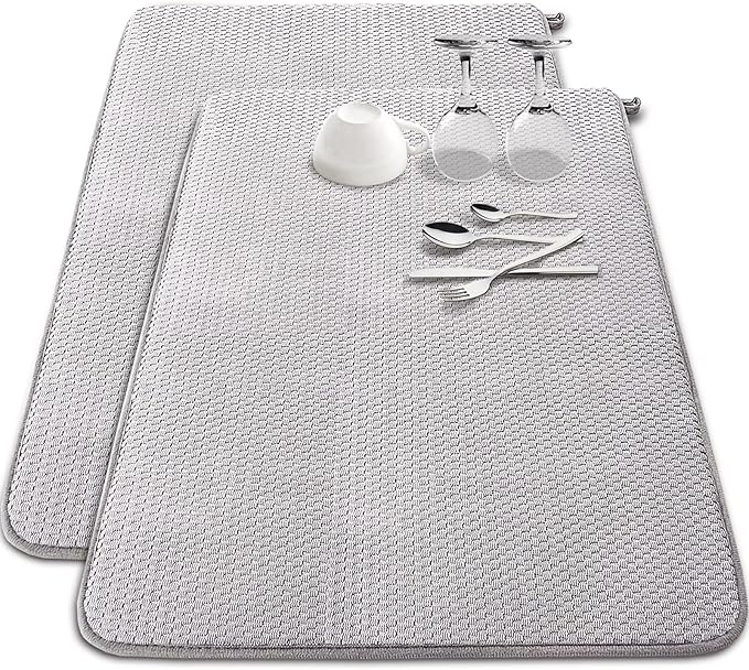 2 Pack Extra Large Microfiber Dish Drying Mat,30 x 24 Inch Super Absorbent Drying Pad,Large Size Dish Drying Mat for Countertops,Sinks,Draining Racks,Gray