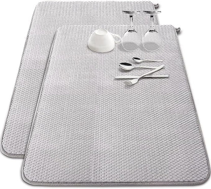 2 Pack Extra Large Microfiber Dish Drying Mat,30 x 24 Inch Super Absorbent Drying Pad,Large Size Dish Drying Mat for Countertops,Sinks,Draining Racks,Gray