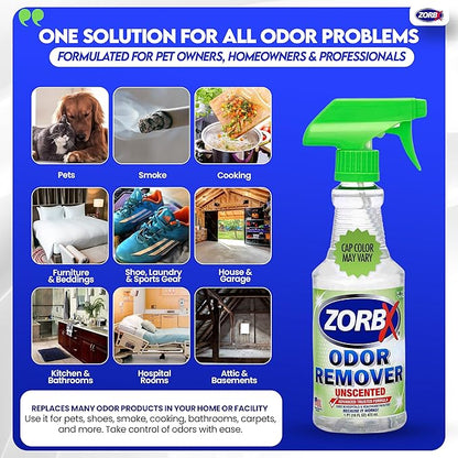 ZORBX Unscented Odor Eliminator for Strong Odor 16 Fl Oz - Used in Hospitals & Healthcare Facilities - Advanced Trusted Formula, Fast-Acting Odor Remover Spray for Dog, Cat, House & Carpet