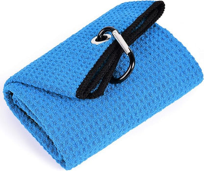 Mile High Life Tri-fold Golf Towel | 16" X 24" | Premium Microfiber Fabric | Waffle Pattern | with Heavy Duty Carabiner Clip | for Men and Women (Blue)