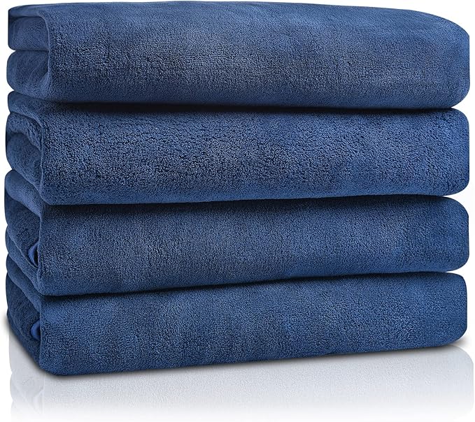 GraceAier Microfiber Bath Towels 4 Pack, 28x56 Inch Coral Velvet Quick Dry Towel Set, Highly Absorbent, Ultra Soft & Lint-Free for Bathroom, Gym, Travel and Swim- Blue