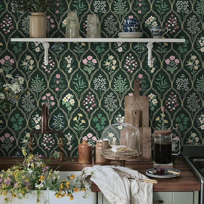 Dimoon 17.3''x78.7'' Peel and Stick Wallpaper Floral Contact Paper Vintage Wallpaper Green Pink Renter Friendly Waterproof Upgrade Embossed Self Adhesive Kitchen Bedroom Cabinet